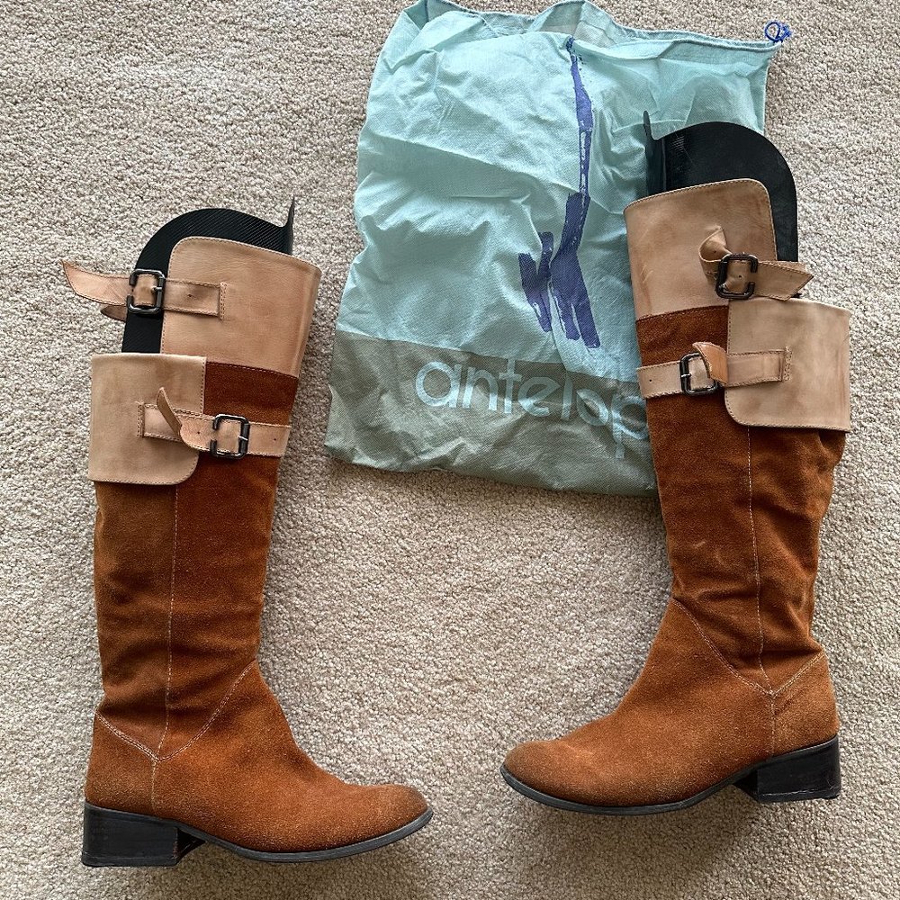 Antelope Soft tall suede boots with leather buckles and side zippers